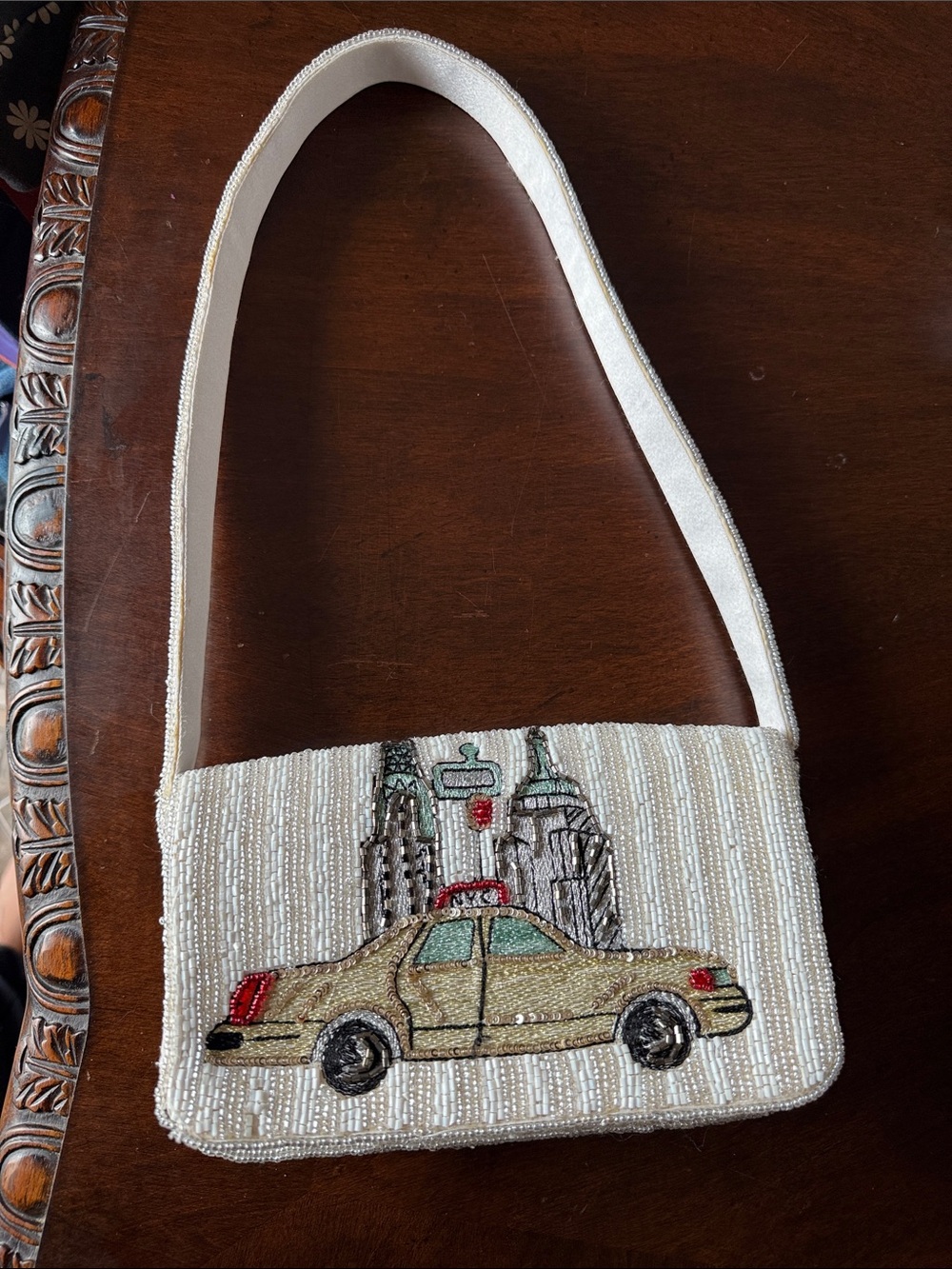 Beaded White City Taxi Shoulder Bag